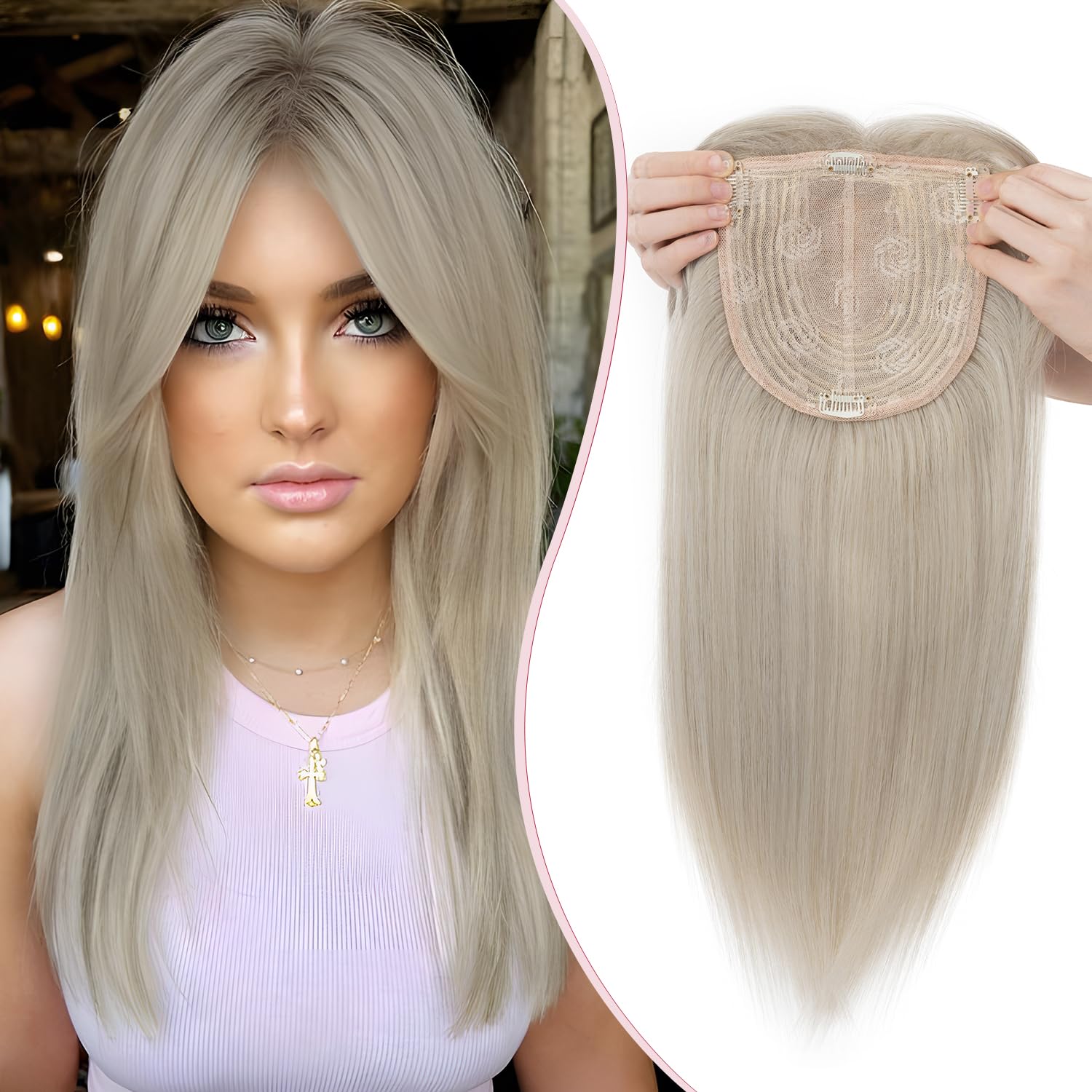 S-noilite Hair Toppers for Women with Thinning Hair 14 Inch Toppers Hair Pieces Women Wiglets with Fringe Bangs 6"x6" Lace Base Clip in Synthetic Hairpieces,Straight Silver Blonde Mixed