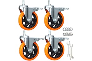 YEWEKE Heavy Duty Swivel Wheels, 3 Inch Yellow PVC Casters with Metric Stem M12-1.75x25mm Double Brakes Castors Safety Wheels up to 1200 Lbs/Set for Industry and Furniture Set of 4 (5 Inch)