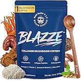 BLAZZE Mushroom Coffee with Collagen,100% Fruiting Body Extract,Adaptogenic 7 Mushrooms with Organic Reishi, Lion's Mane,Ashwagandha,Instant Coffee for Focus, Energy & & Immune Support–30 Servings
