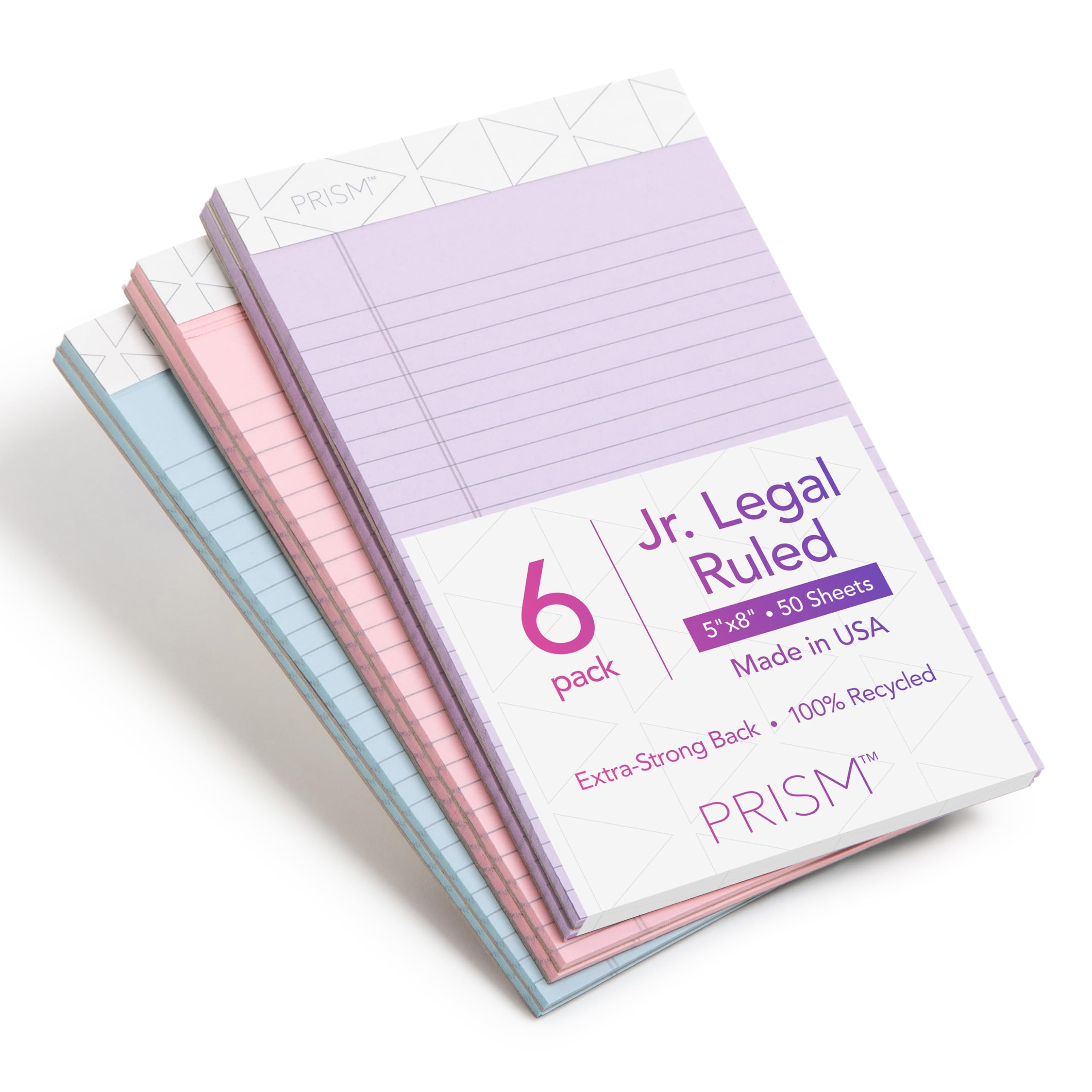 Tops 5 x 8 Legal Pads, 6 Pack, Prism Brand, 2 Pink/2 Blue/2 Purple, Narrow Ruled, 50 Sheets Per Writing Pad, Made in USA (63016)