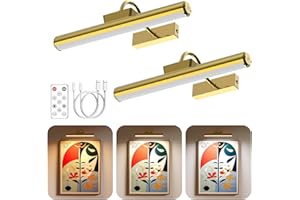 Skairipa 2 Pack Picture Light, Wireless Picture Light with Remote, Battery Operated 5000mAh, 3 Color Modes and Dimmable LED Lights with Timer for Paintings, Gallery, Wall, Dartboard, Bedroom, Gold
