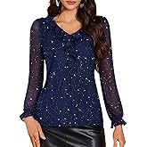 DRESSTELLS Women's Sequin Tops Ruffle V Neck Long Sleeve Double Layers Mesh Sparkly Blouses for Party