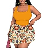 SOLY HUX Women's Plus Size 2 Piece Summer Vacation Outfits Floral Print Tank Tops and Ruffle Layered Shorts Set