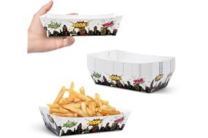 BACSBOO 50 Packs Superhero Paper Food Trays Superhero Birthday Party Supplies Superhero Themed Nacho Trays Paperboard Tray Superhero Hot Dog Trays