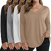 Sweetyweee 4 Pack Women's Plus Size T Shirts Long Sleeve V Neck Tops Basic Loose Fit Curved Hem Tunic Clothes