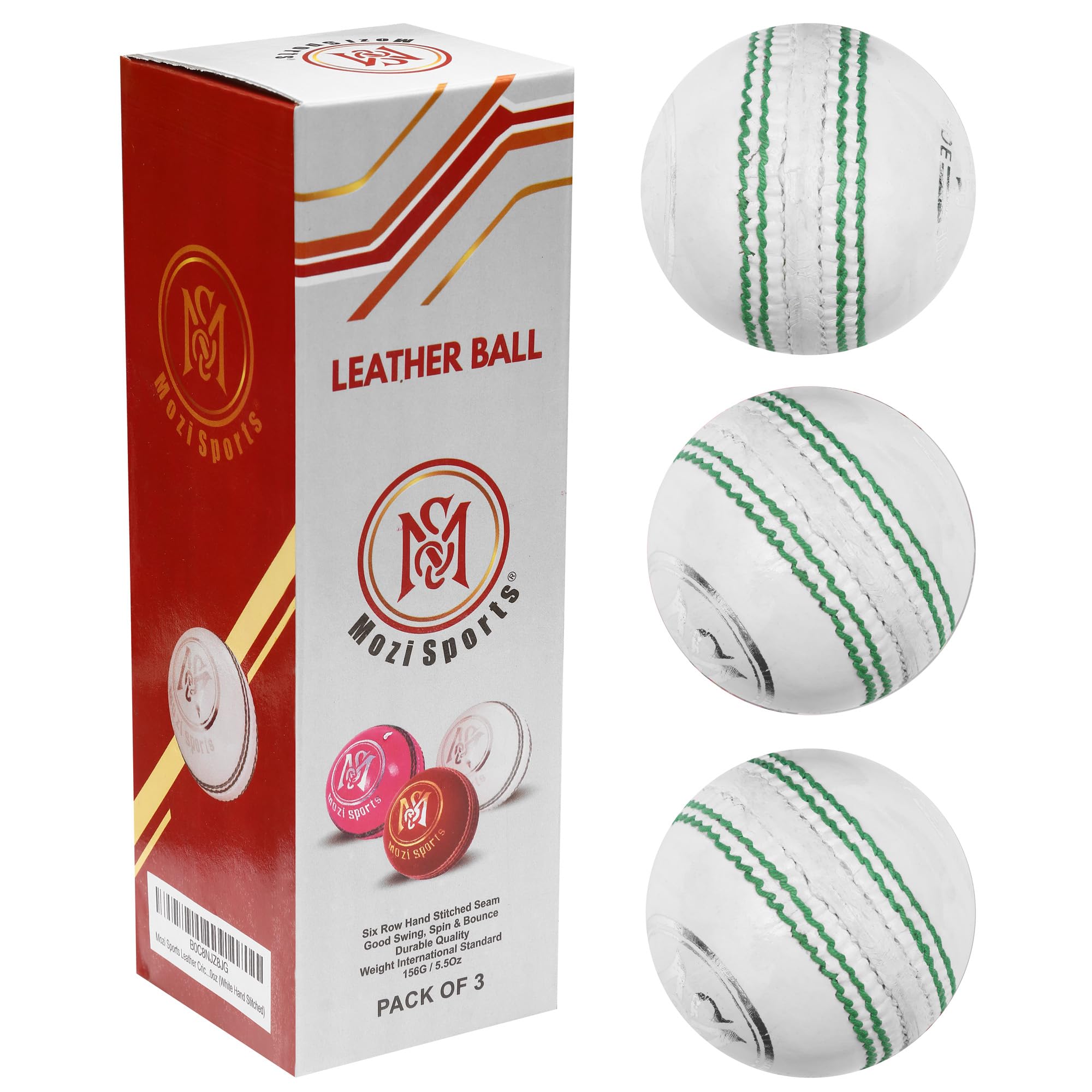 Mozi Sports® Leather Cricket Ball Senior Hand Stitched Match Quality Balls Weight 5.50oz (3x White H-Stitched)