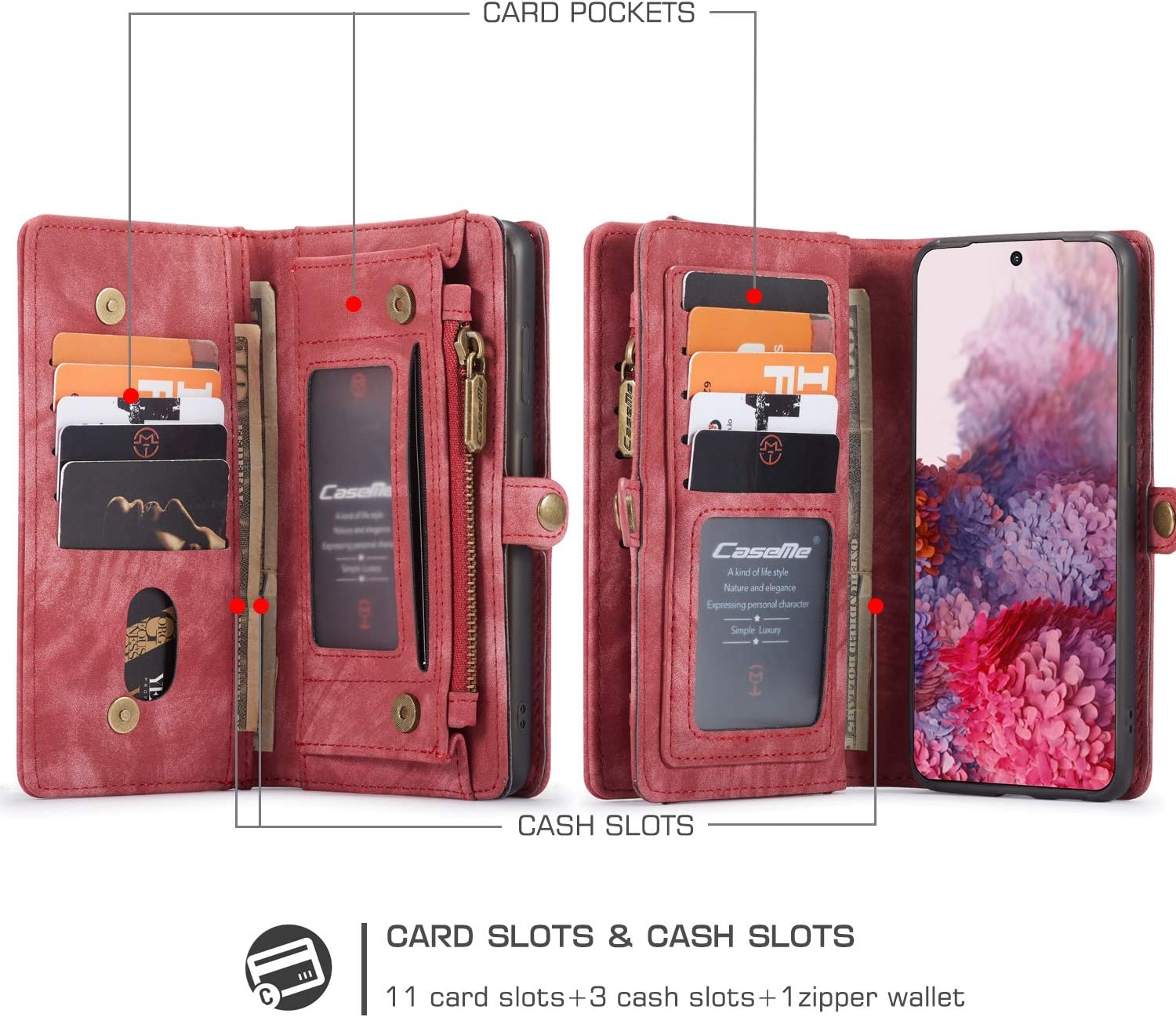ANROD Detachable Leather Wallet Case for Samsung Galaxy S20 Plus,CaseMe Magnetic Closure 2-in-1 Flip TPU Shockproof Zipper Purse Back Cover with Card Slots (Red) - Image 4
