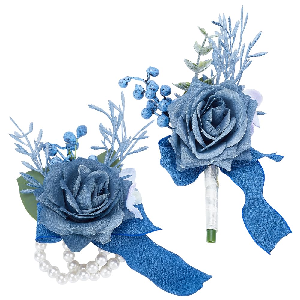 CRASPIRE Blue Rose Wrist Corsage Flower Silk Cloth Imitation Rose with Satin Ribbon Wrist Corsage Boutonniere Set for Rustic Vintage Wedding Decor Party Decoration Groom Bride Prom