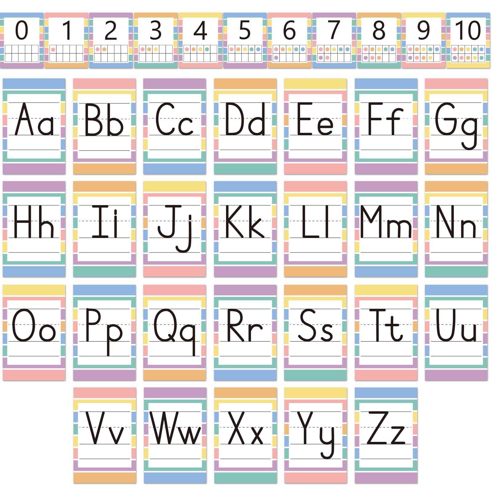 Photo 1 of 37 PCS Pastel Colors Stripes Classroom Alphabet Number Educational Poster Cards, Learning Cards Decorations Colorful Boho Bulletin Board Letter for Teacher Kindergarten School Home Wall Decor