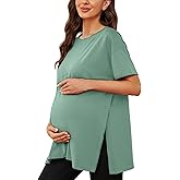 Ecavus Women's Casual Maternity Shirts Split Side Pregnancy Tops Blouses Short Sleeve Loose Fit Maternity Clothes