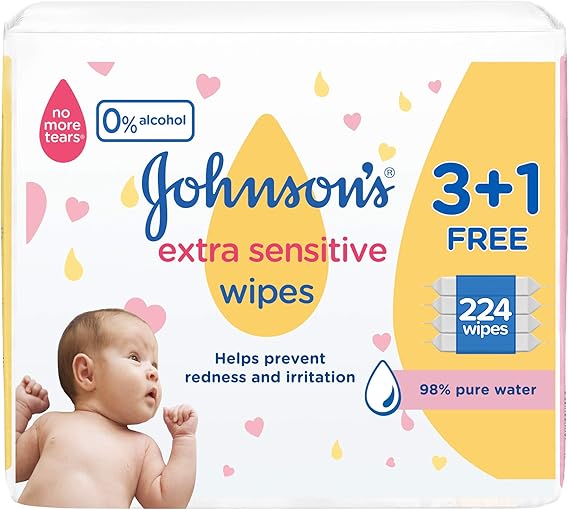 Johnson’s Baby, Wipes, Extra Sensitive, 98 pure water, 3+1 packs of 56