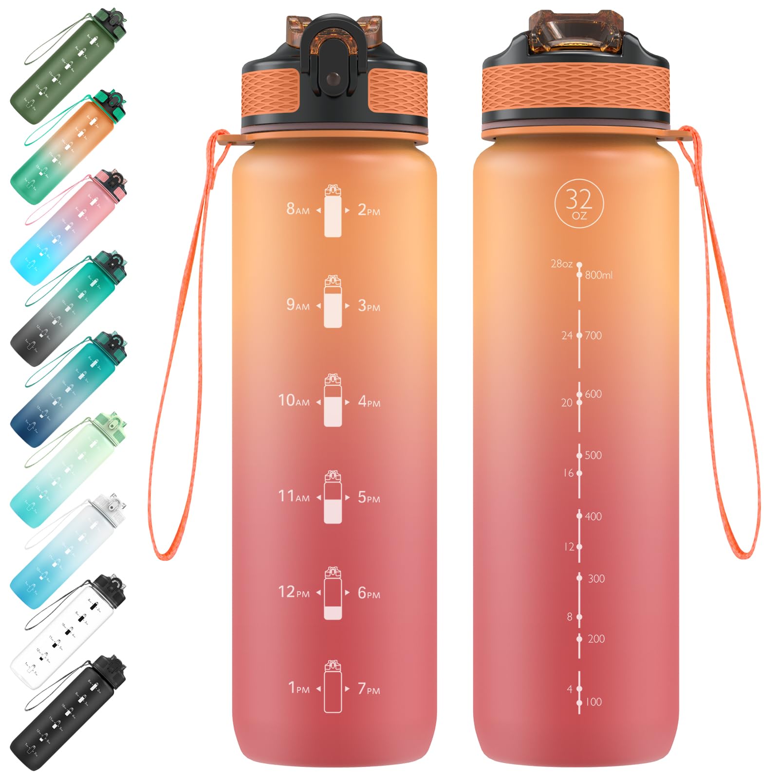 EYQ 1L Water Bottle, 1 Litre Water Bottle with Straw, 32oz Leak-Proof Motivational Sports Drinks Bottle with Time Marker, Tritan BPA-Free, Drinking Waterbottles for Fitness, School, Gym Outdoor Sports