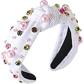 Gmmidea Pearl Women’s Knotted Headband Colorful Rhinestone Crystal Jeweled Headband Beaded Wide Top Knot Hairband Sparkly Fancy Decorative Head Band for Ladies Girls White-1