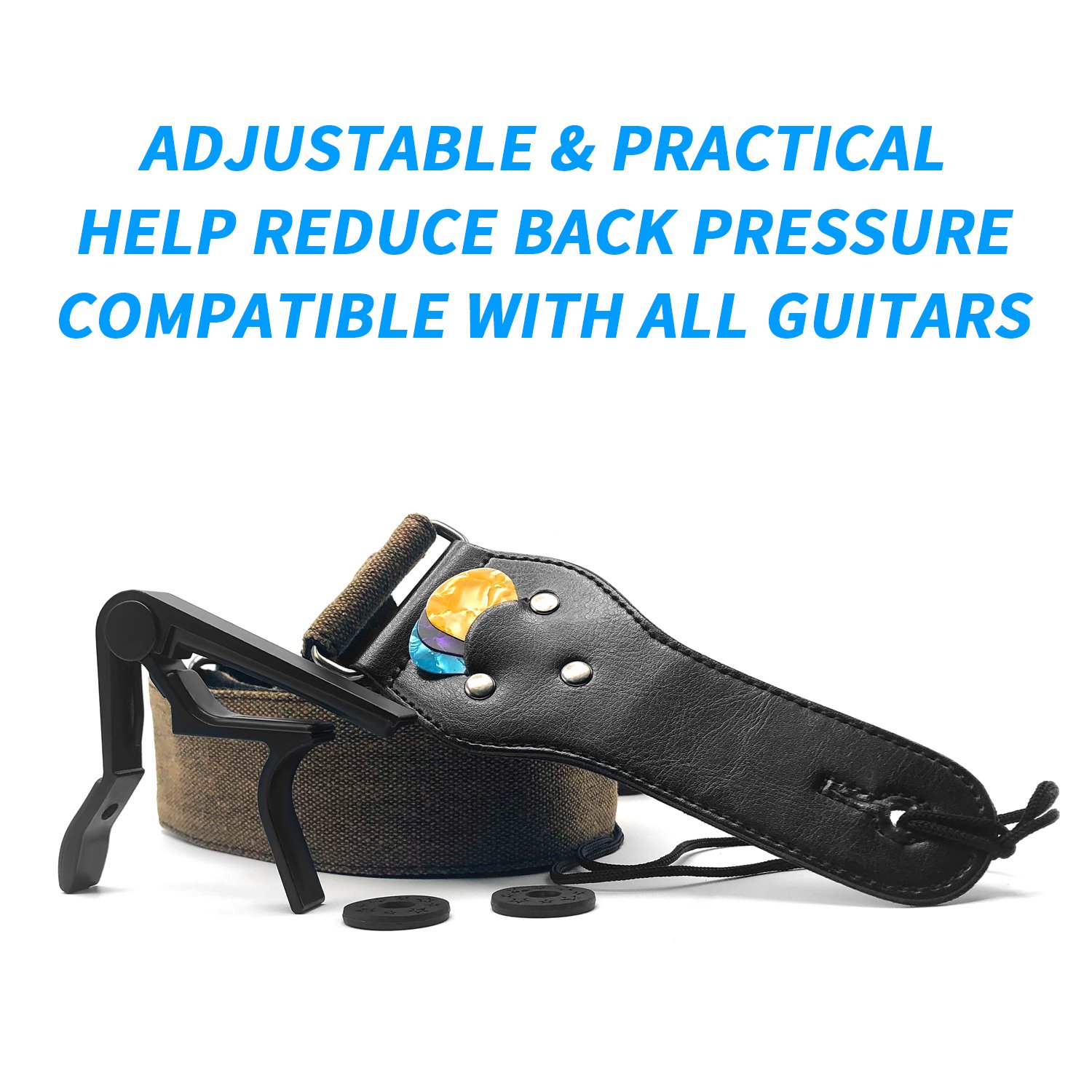 Kormest Adjustable Guitar Straps Acoustic - Denim Style With Leather Ends for Electric Bass Ukulele Including Guitar Capo+Safety Locks+Picks (Coffee,2\'\')