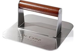 Dr Camp 7 Inch Stainless Steel Smash Smasher Burger Patty Smasher Meat Bacon Grill Press with Wood Handle (Square)