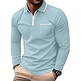 Askdeer Men's Polo Shirts Zip Long Sleeve Classic T-Shirts Casual Golf Shirts Stylish Collared Tee