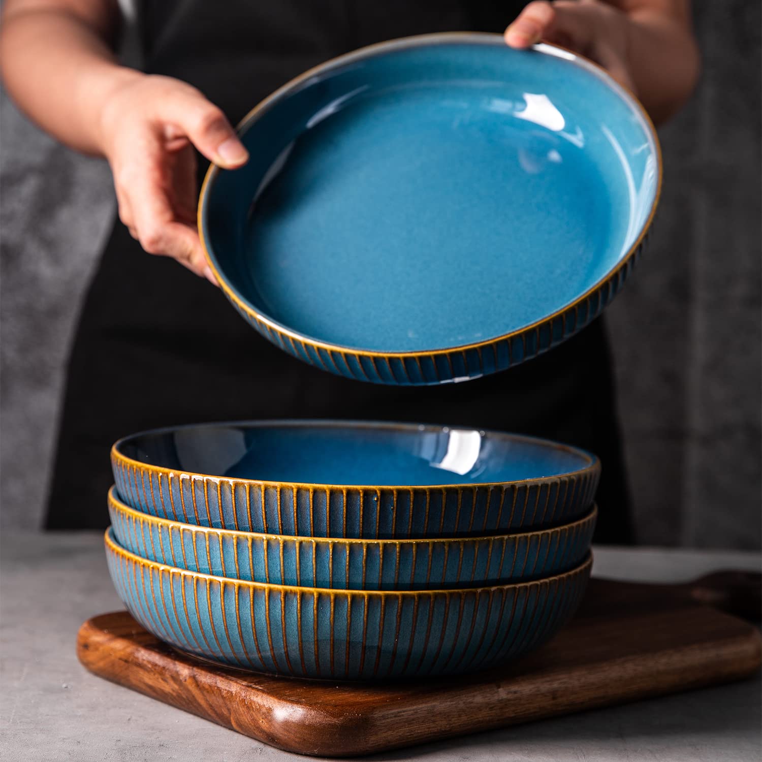 CSYY 4 Pcs Pasta Bowls, 21cm Ceramic Serving Bowls, Blue Round Premium Porcelain Dinner Bowl Sets, 1000ml Bowls Plates Set for Pasta, Salad, Soup, Fruit