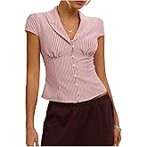 MakeMeChic Women's Striped Button Down Shirt Cap Sleeve Collared Fitted Blouse Tops