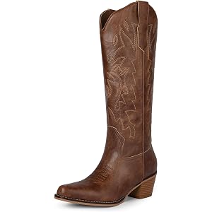 AIUNIIND Cowboy Boots for Women, Pointed Toe Chunky Heel Cowgirl Boots | 2.16 Inch Chunky Block Low Heel Boots, Knee High Wes