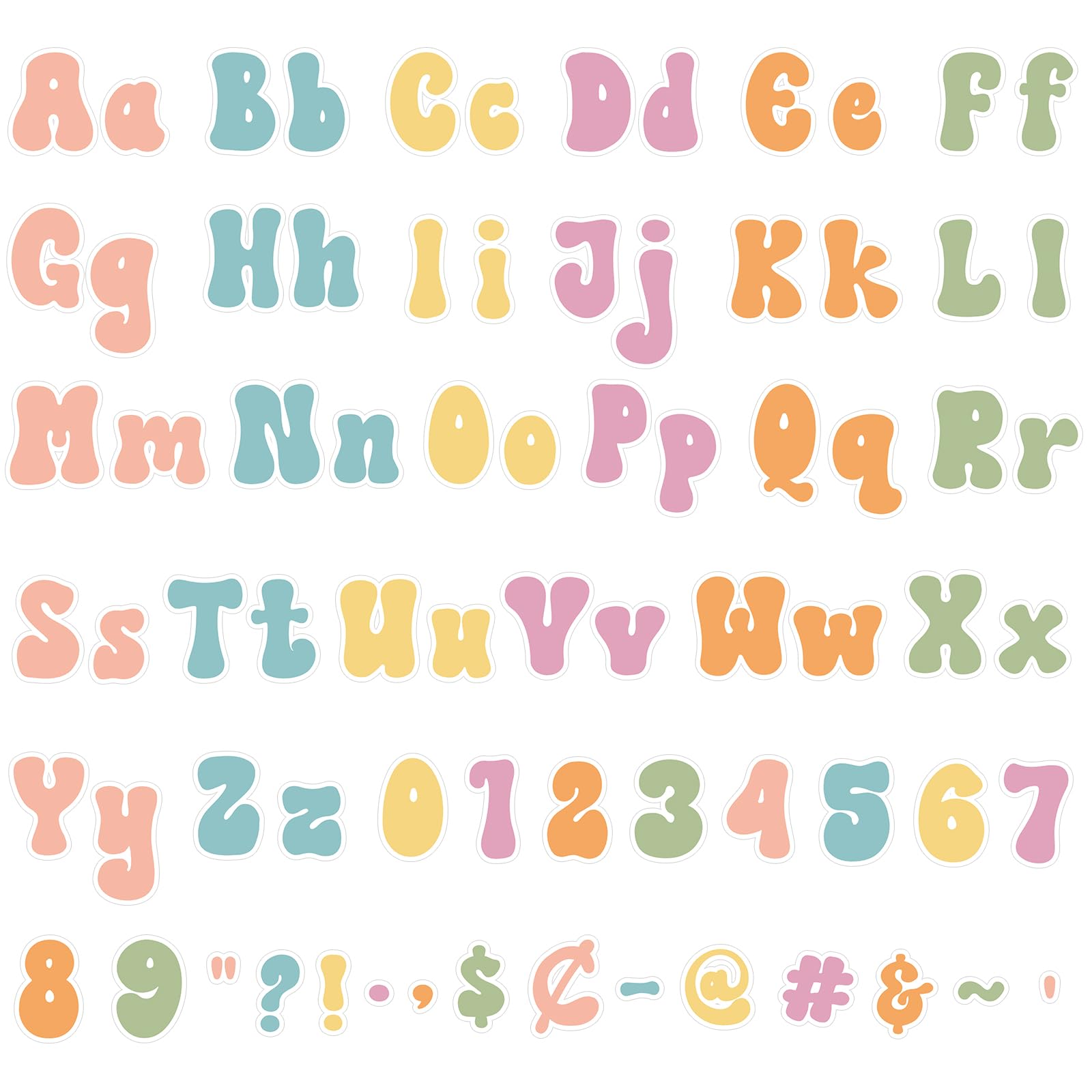 Photo 1 of Engrowtic 300 Pcs Pastel Colors Letters Cutout for Bulletin Board, Retro Groovy Classroom Decor, 4" Letters Upper and Lowercase Alphabet, Numbers, Symbols Cutout for Classroom Wall Party Decor