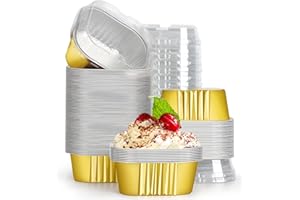 EUSOAR Baking Cups with Lids, 10oz 100pcs Gold Aluminum Foil Oven Loaf Pan Disposable Ramekins Liners for Pie Quiche Flan Sou