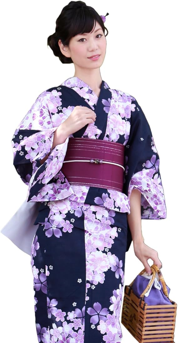 Amazon 浴衣 女 セット 紺地に紫の桜 高級変わり織り綿浴衣3点セット レディース 帯 下駄 浴衣 通販