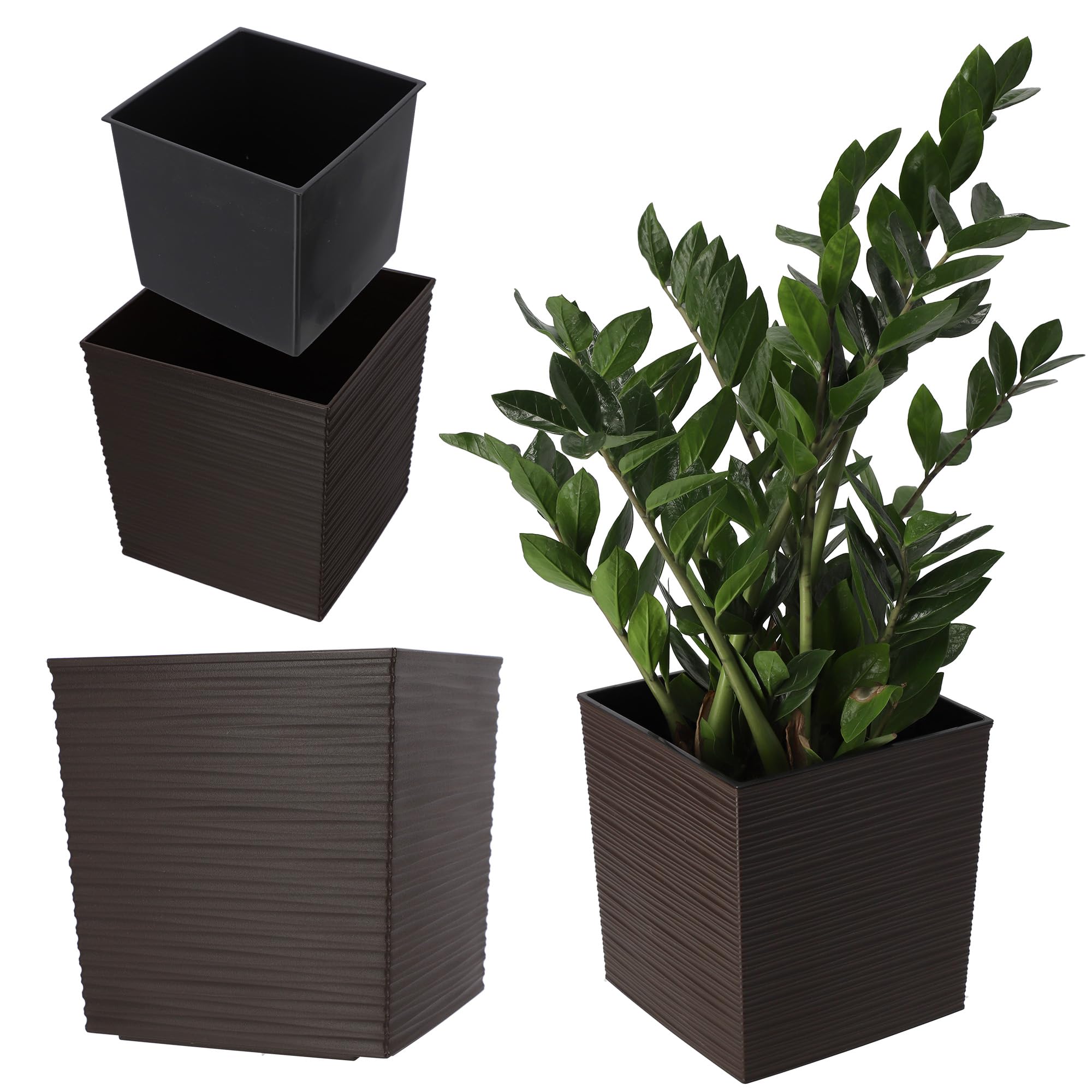 KADAX Square Planter, Large Flower Pot for Indoor and Outdoor Use, Lightweight Plastic Plant Pot with Insert for Houseplants (19.5 cm, Brown)