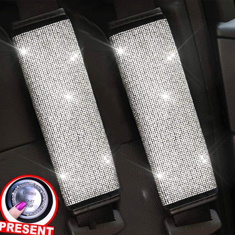 Fashowlife Seat Belt Shoulder Pads 2 Pack Universal Microfiber Leather with Bling Bling Rinestones Diamond Car Seat Accessories for Women Men Auto SUV Interior Decoration