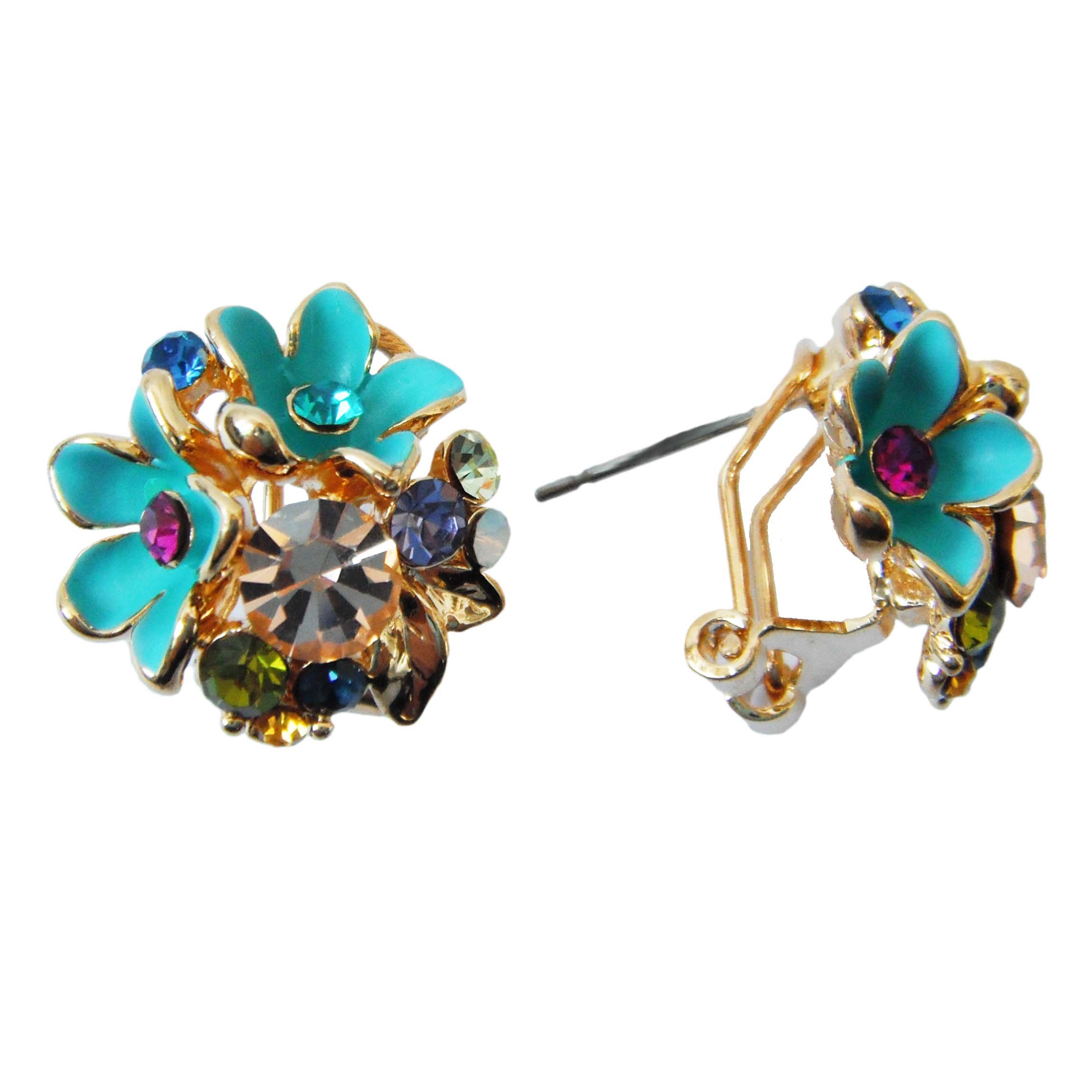 Navachi 18k Gold Plated Flower Stereo Rose Blue Enamel Colorful Crystal Omega Az1554o Earrings