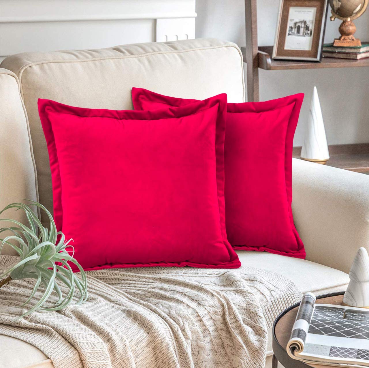 Adam Home Velvet Cushion Covers with Invisible Zipper 18x18 Inch (45x45 cm) Decorative Throw Pillow Cases for Sofa, Bedroom, Couch, Office (Red Pack of 2)