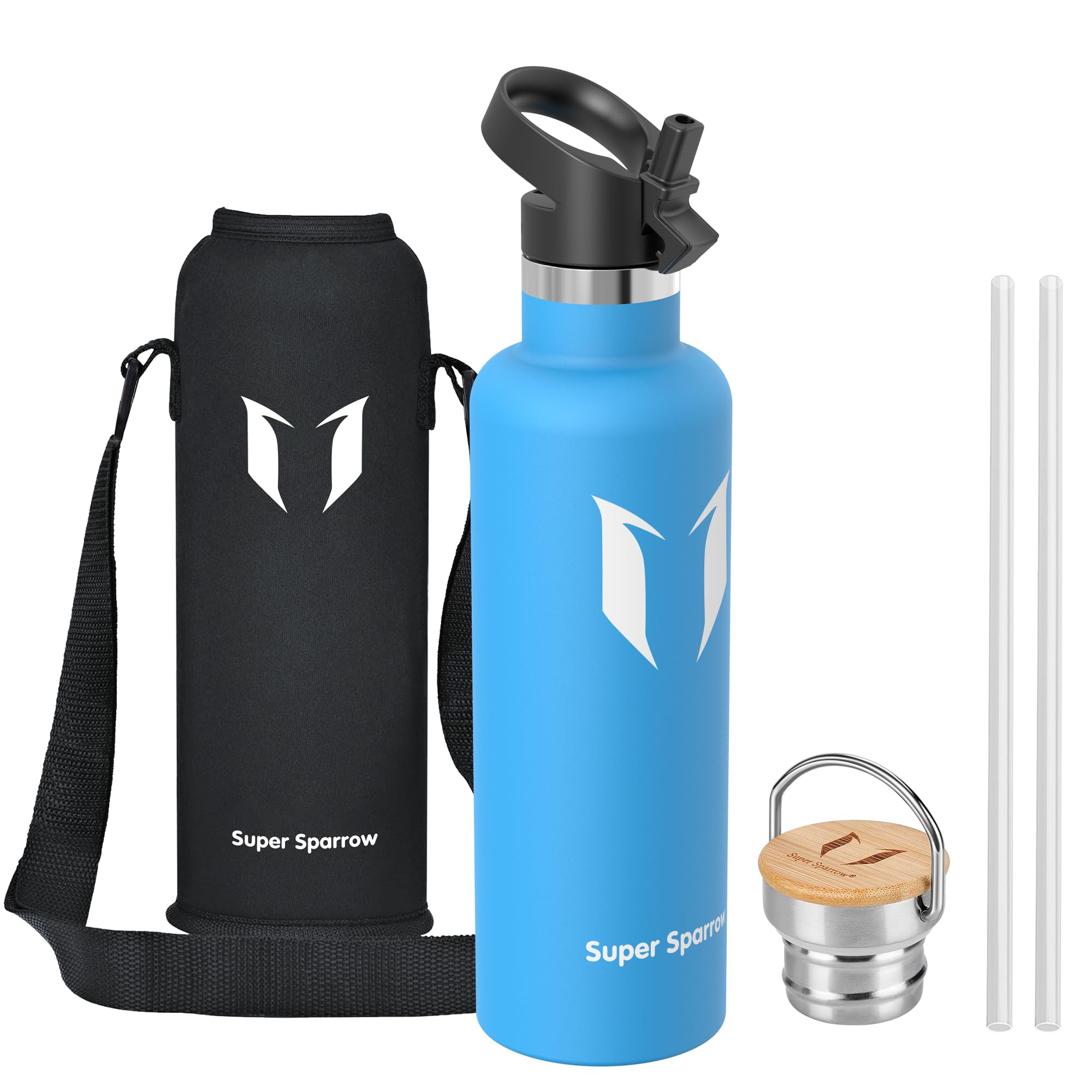 Super Sparrow Water Bottle Stainless Steel - 1000ml - Insulated Metal Water Bottles - Standard Mouth Flask - BPA Free - Straw Bottle for Work, Gym, Sports - 2 Lids — image 1