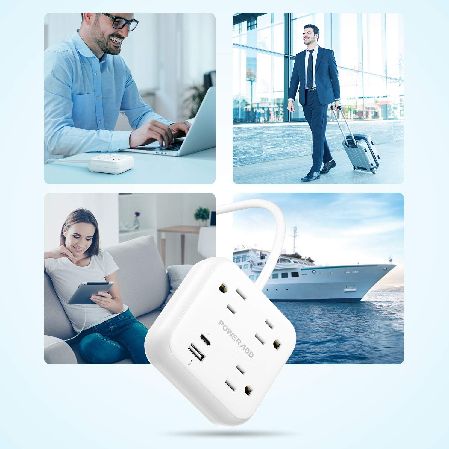 POWERADD USB C Power Strip with Power Delivery 18W, Travel Power Strip Mini & Portable with 3 Outlets, 18W USB C & QC 3.0 USB A Port 5ft Cord Flat Plug for Cruise Ship Hotel Dorm Room and Home: Electronics