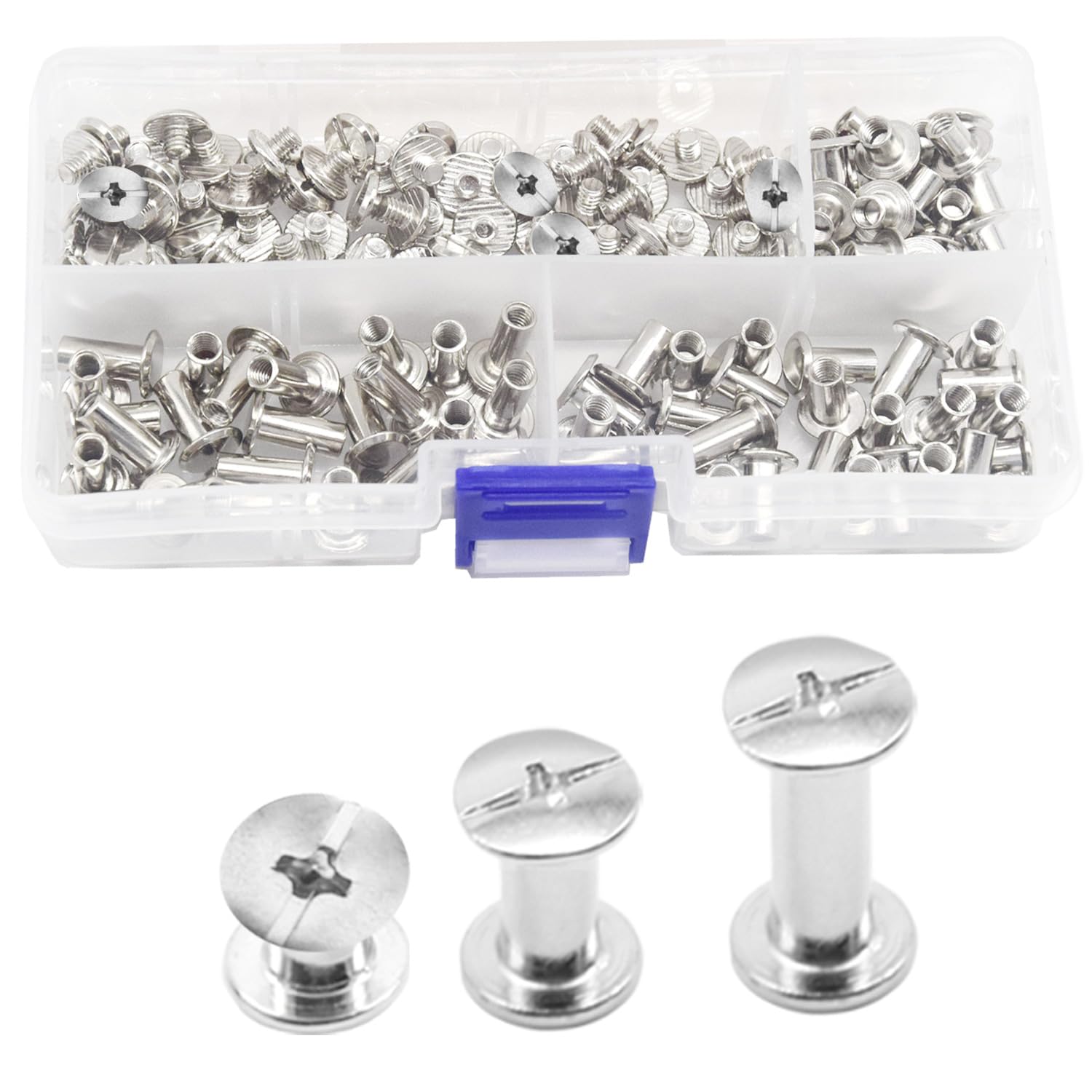 CEEYSEE 150PCS(75Set) Silvery Chicago Screws Assorted Kit Nail Rivet Chicago Button for DIY Leather Decoration Bookbinding Round Flat Head Stud Screw (ZBYD)