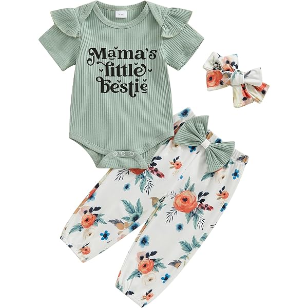 Baby Girl Summer Outfit - Ribbed Romper With Bow Print Overalls Shorts Set, Cotton Blend