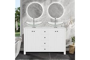 SOLIDEE 48" White Bathroom Vanity with Marble Texture Top and 4 Drawers, Modern Standing Pedestal Cabinet with Two Boat Clear Glass Vessel Sinks