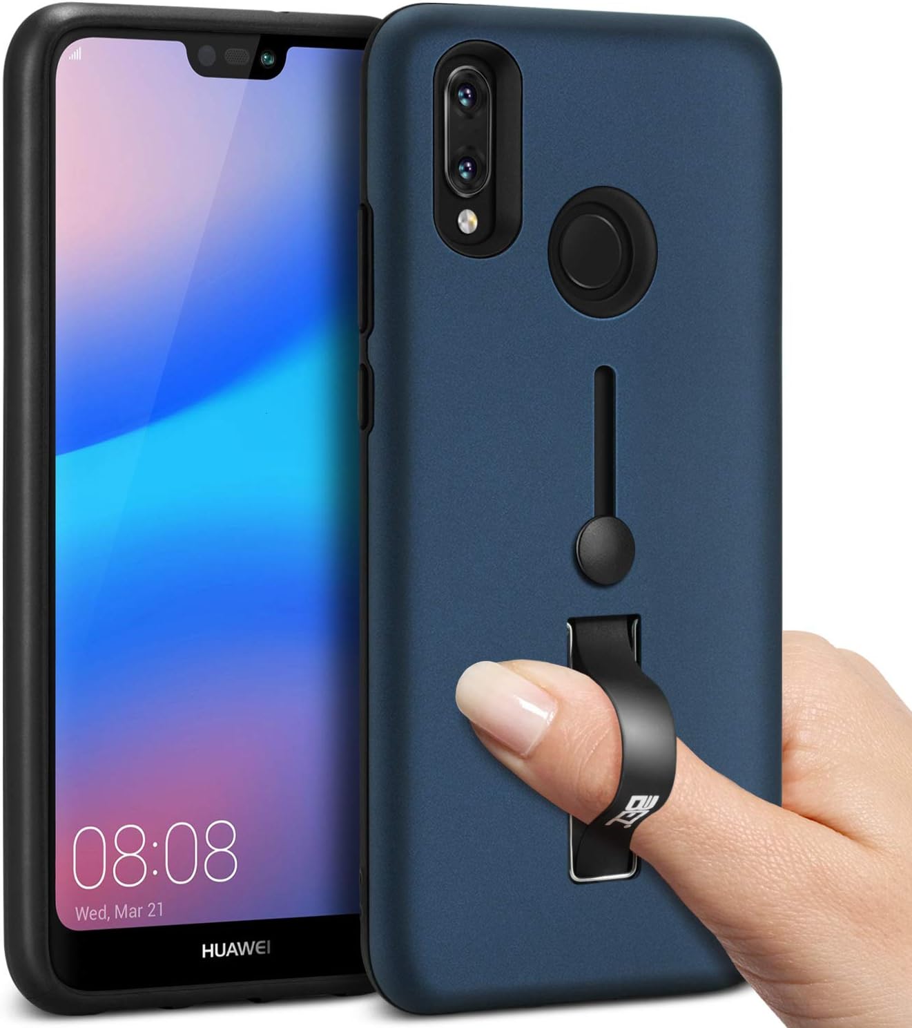 BEZ Case for Huawei P20 Lite Case, Finger Strap Cover Compatible with Huawei P20 Lite, Ring Holder Shock-Absorption Bumper with Stand Function, Blue Navy
