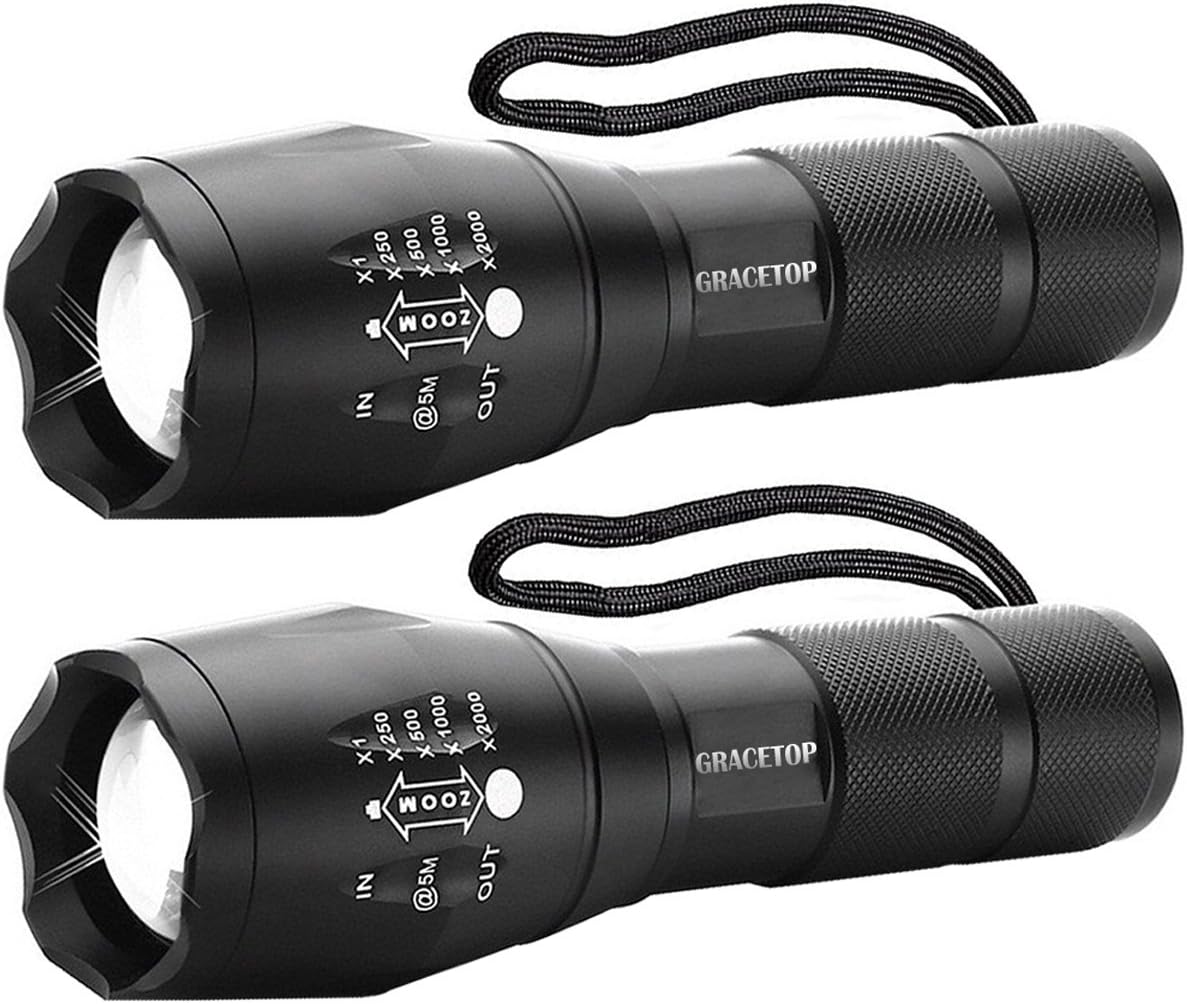 GRACETOP Tactical Flashlight 1000 lumens, Super Bright Handheld Outdoor CREE LED Torch Flashlight with Adjustable Focus 5 Light Modes for Camping Hiking Emergency