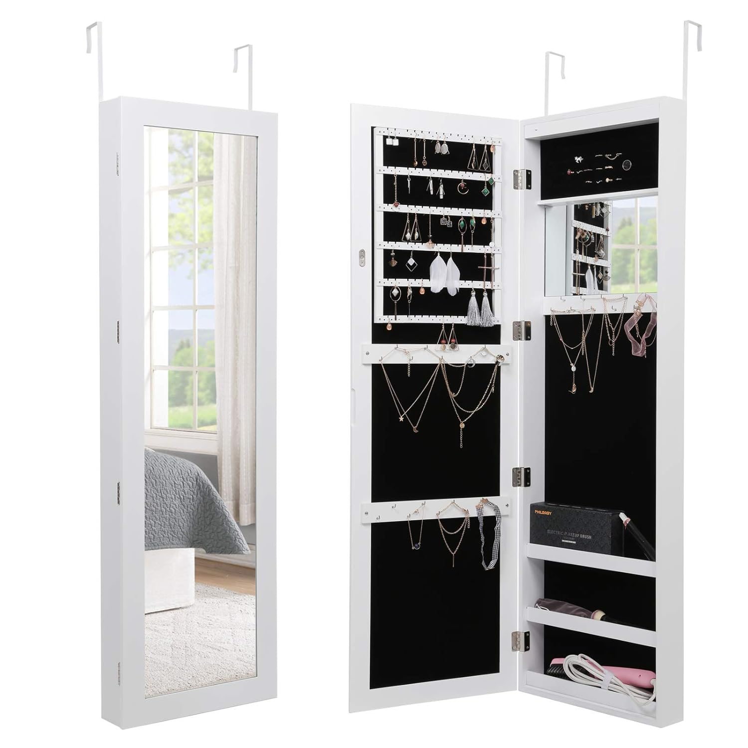 Fast Shipping To You Amoiu Door Hung Wall Mounted Jewellery Cabinet Standard Length Cabinet With 15 Led Lights 4 Storage Racks And Stylish Wooden Design For Rings Earrings Bracelets Necklaces Kitchen Dining Clients First Reputation
