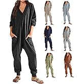 ERTUPE Women's Onesie Jumpsuits Long Sleeve V Neck Rompers Baggy Overalls Pajamas Long Wide Leg Pants Jumpers with Pocket