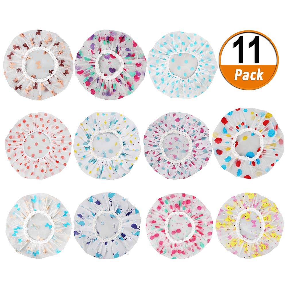 11 Pieces Waterproof Shower Caps Elastic Reusable Plastic Bathing Hair Cap Lady Salon Hat for Kids Girls and Women, Assorted Patterns : Beauty