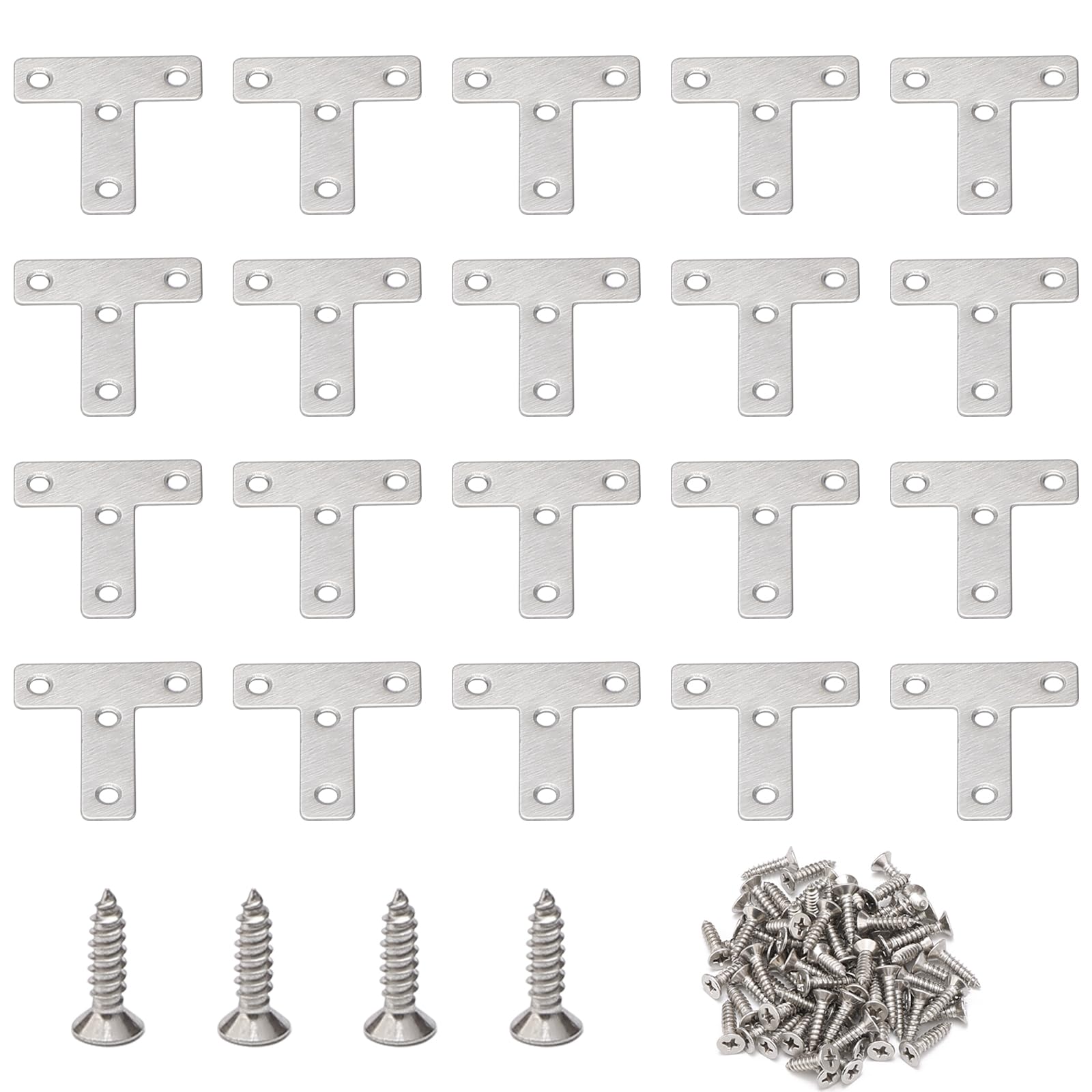 T-Shaped Brackets, Unxuey Corner Brackets T Shaped Repair Plate Stainless Steel Angle Braces for Fixing Repair Plated Wooden Furniture 50mm x 50mm, Pack of 20