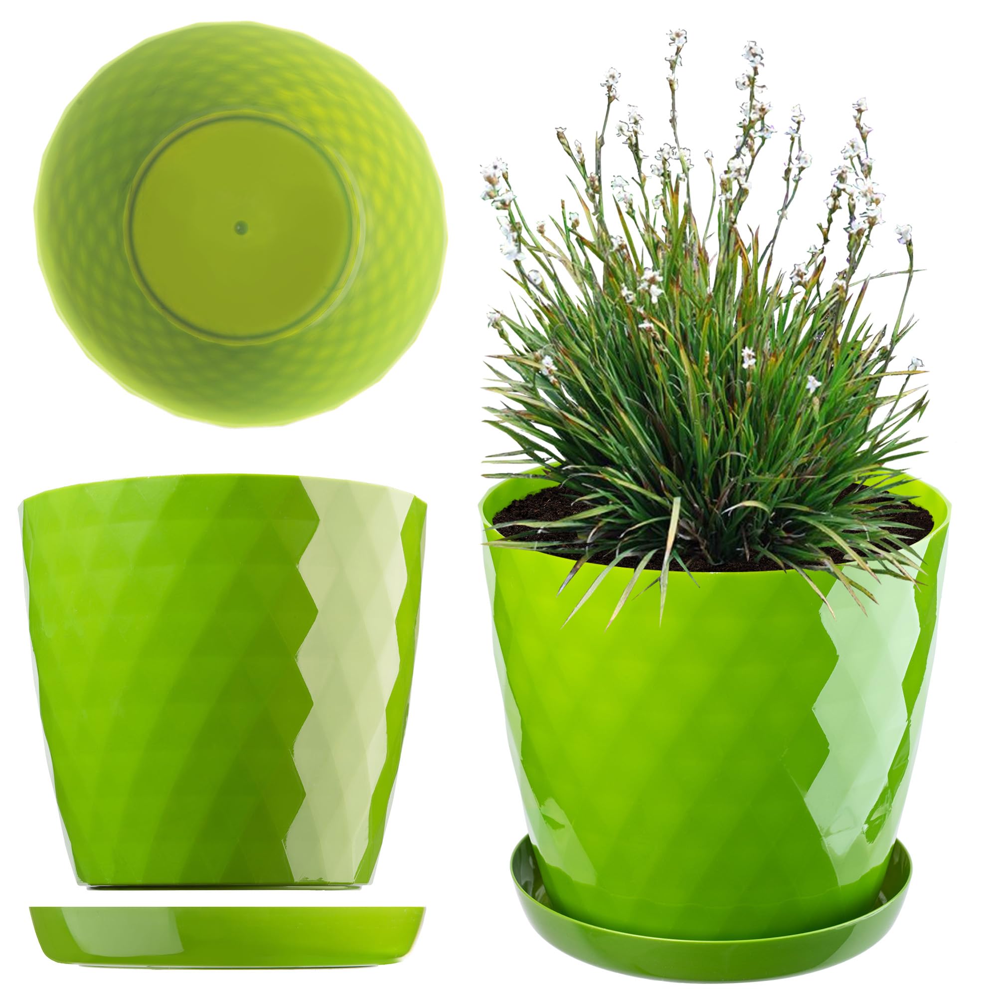 KADAX Plastic Flower Pot, Durable Plant Pot with Saucer for Houseplants, Decorative Planter in Several Colours for Indoor Use (Green, 12 cm)