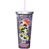 Spoontiques - Glitter Filled Acrylic Tumbler - Glitter Cup with Straw - 20 oz - Stainless Steel Locking Lid with Straw - Double Wall Insulated - BPA Free - Powerpuff Girls Glitter Cup