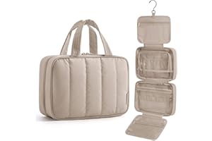 BAGSMART Travel Toiletry Bag for women, Portable Hanging Hook Makeup Bag Organizer, Waterproof Makeup Cosmetic Bag, for Full-Size Accessories, Toiletries, Camel