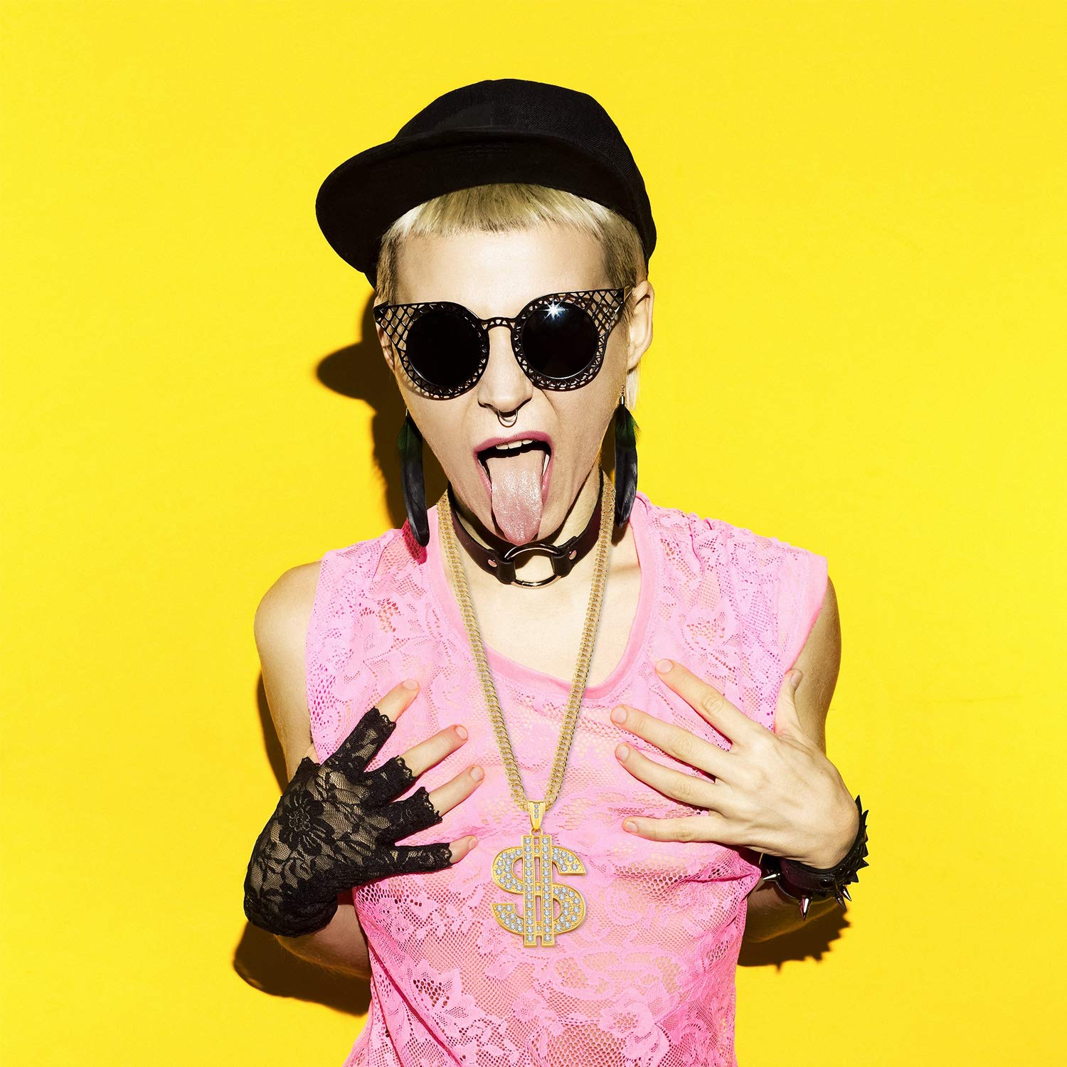 Tatuo 4 pcs fake Dollar Necklace Men gold Dollar Money Chains Hip Hop Chain Necklace Pendant for 70s 80s 90s Costume Accessories