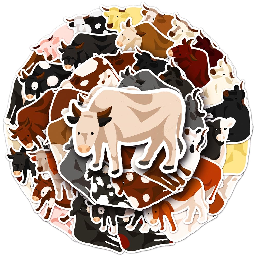 Funny Cattle Vinyl Stickers, 50 PCS Waterproof Flat Animal Decals for Laptops, Scrapbooking, Journals, Notebooks, Water Bottles, Suitcases, Phones & DIY Decor