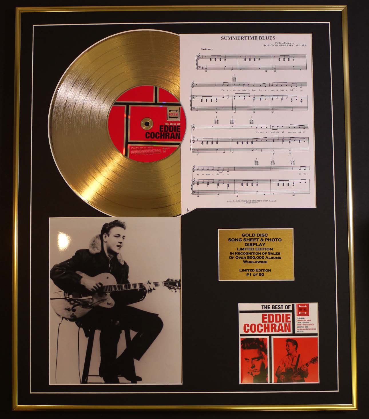 EDDIE COCHRAN/CD GOLD DISC, SONG SHEET & PHOTO DISPLAY/LTD. EDITION/COA/ALBUM, THE BEST OF/SONG SHEET, SUMMERTIME BLUES