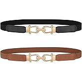 JASGOOD Women Skinny Elastic Belt for Dresses,Thin Retro Stretch Waist Belt with Golden Buckle