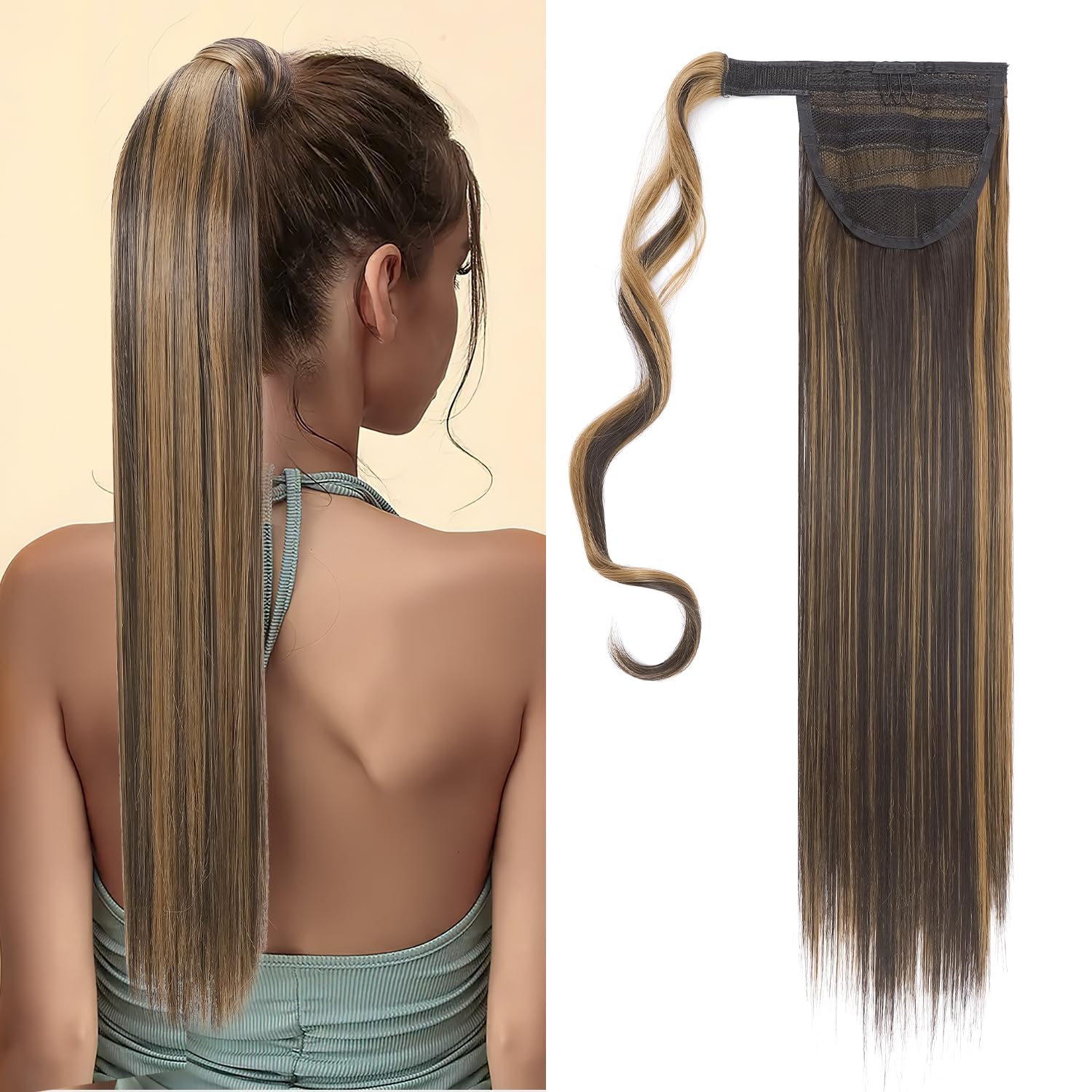 S-noilite 23" Long Straight Wrap around Ponytail Extensions Clip in Ponytail Hair Extensions Hairpiece for Women for Daily Use Dark Brown & Sandy Blonde