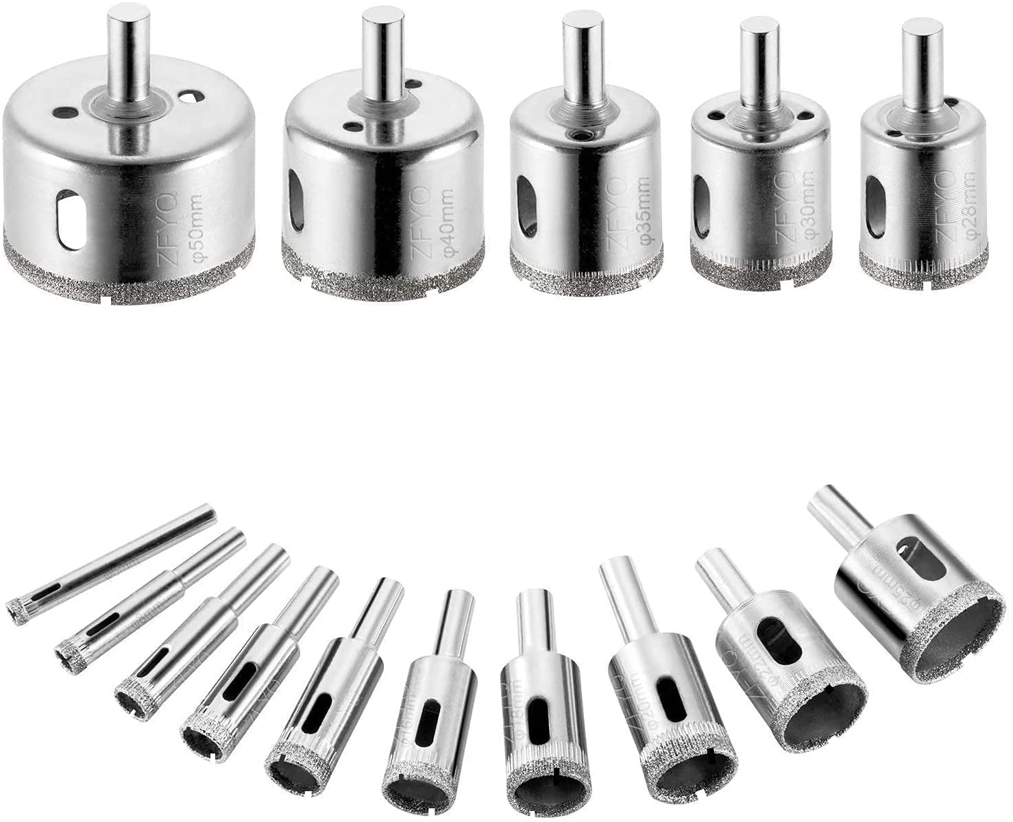 ZFYQ Hole Saw Drill Bits Set, Diamond Drill Bit Set Cutting for Glass, Ceramic, Porcelain, Tile, Marble, Ø6mm-50mm, 15 Pcs